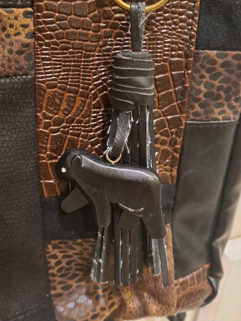 Bueno Collection Vintage Patchwork Mixed Leather Shoulder Bag Brown Black Animal